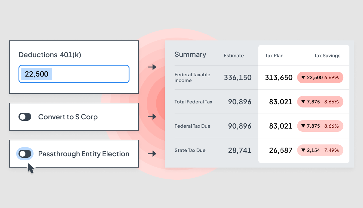 TaxCalc comparing a baseline estimate against a tax plan, showing dollar and percent savings from scenario changes like an S Corp election