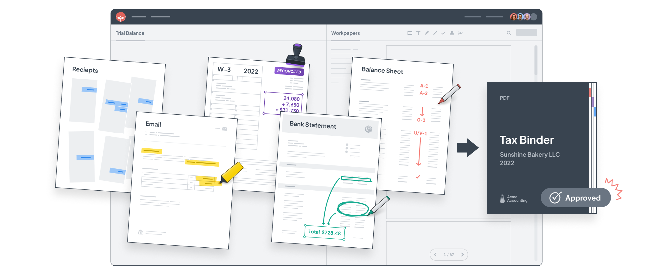 Client documents organized into an approved tax binder